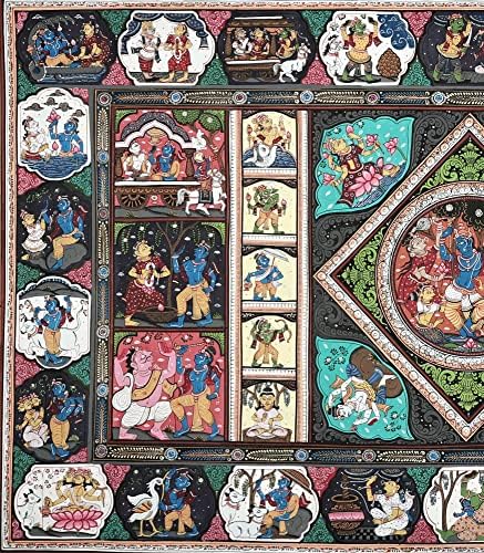הודו אקזוטית 37 x 23 אירועי חיים של ציורי לורד קרישנה פטצ'טרה | צבעים מסורתיים | בעבודת יד | קרישנה